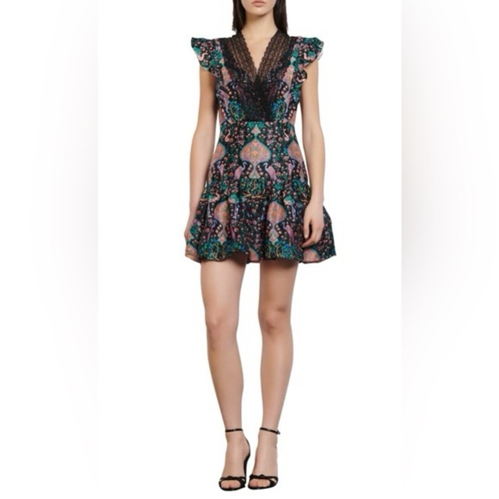 Sandro Laced Trimmed Multicolor Linen And Silk Short Sleeve Mini Dress Size 4